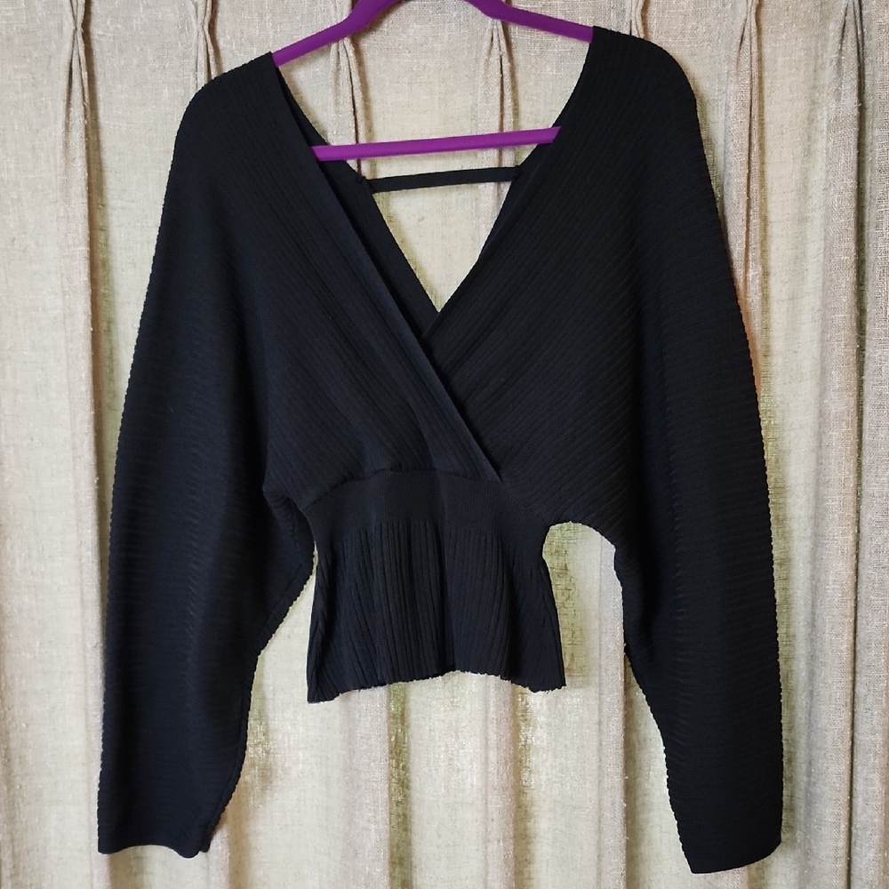 Black V-Neck Kimono Sleeve Top